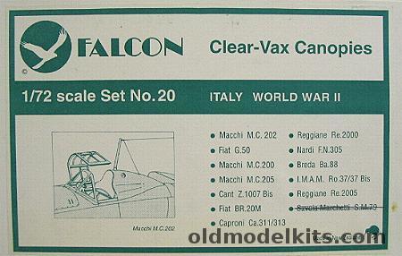 Falcon 1/72 Clear-Vax Upgrade Canopies MC-202/G-50/MC-200/MC-205/Z.1007 Bis/Br-20M/Ca.311-313/Re-2000/FN-305/Ba-88/Ro-37/Re-2005, 20 plastic model kit